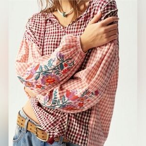 Boho Floral Embroidered Plaid Print Neck Tie Loose Fit Blouse